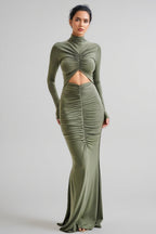 Tona Army Green Cutout Pleated Maxi Dress