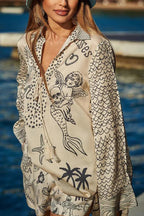 Ladies' Wealthy Satin Unique Printed Tassel Shirt and Elastic Waist Shorts Set