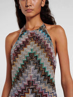 Jodie Knit Colorful Herringbone Print Halter Open Back Maxi Dress
