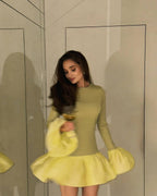 Sweet Stretch Knitted Puff Short dress Long Sleeve Ball Bell Sleeve Stitching