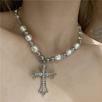 Hiphop Retro Pearl Punk Dark Gothic Cross Pendant Necklace