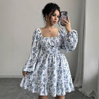 Karen Aesthetic Women's Floral Dress with Balloon Sleeves and Gathered Waistband Premium Wardrobe Essential