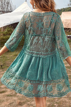 Lace V Neck Hollow Short Sleeved Cover Up