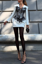 Saela Contrast Lace Corset Design V-neck Long Sleeve Tulip Mini Dress