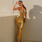 Tight Sequin Dress Swing Collar Halterneck Maxi Dress