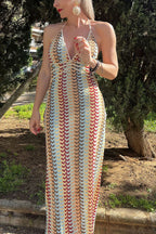 Playful Colorful Knit Holiday Style Halter Neck Maxi Dress