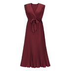 Elegant Beach DressSlim Fit Ruffle Sleeve Chiffon Pleated Solid Color Dress
