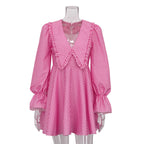 Pink Plaid Doll Collar Long Sleeve Dress GracefulA line Dress
