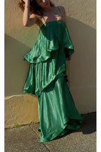 Soft and Smooth Satin Tiered Slip Square Neck A-line Maxi Dress