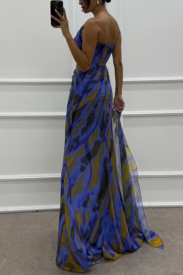 Fairy Watercolor Design Printed Feather Rose Details Off Shoulder Sexy Folded Open Skirt