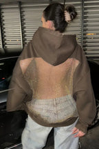 Fashionable Shiny Mesh Hollow Back Loose Long-sleeved Hooded Sweatshirt