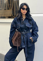 Indigo Structure Denim Set – Belted Oversized Jacket and Straight-Leg Pants