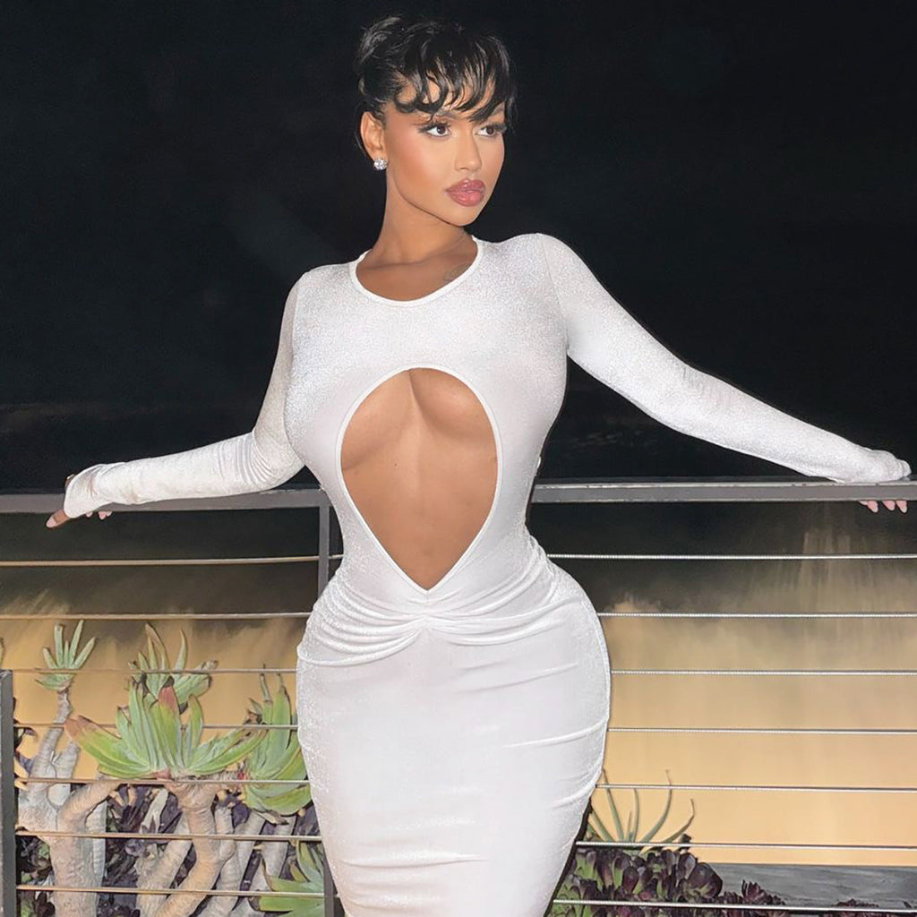 Cutout Slim Pleated Solid Color Long Sleeve Dress