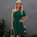 Kaine Satin One Shoulder Ruffle Dress Hunter Green FINAL
