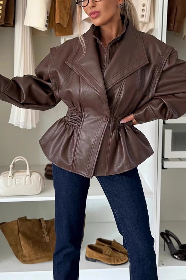 Play It Cool Faux Leather Single Button Elastic Waist Lapel Moto Jacket