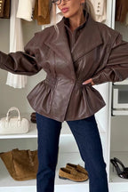 Play It Cool Faux Leather Single Button Elastic Waist Lapel Moto Jacket