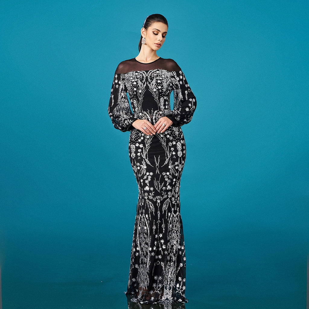 High Grade Long Sleeved round Neck Cocktail Sequined Sheath Fishtail Evening Dress Bridesmaid Dress