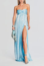 Metallic Sexy Tube Top Pleated High Slit Maxi Dress