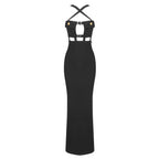 Black Cross Halterneck Pocket Dress Stretch Bandage One Piece Dress Suspender Dress