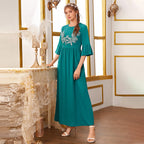 Round Neck Pleated Short Sleeve Mid Sleeve High Waist Dress Simple Dress