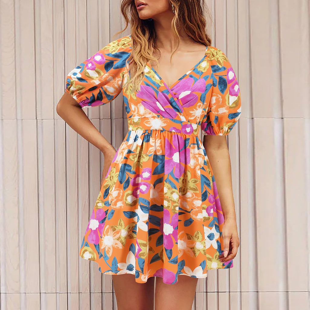 V Neck Printed Beach Dress Lantern Sleeve Short Dress Popular