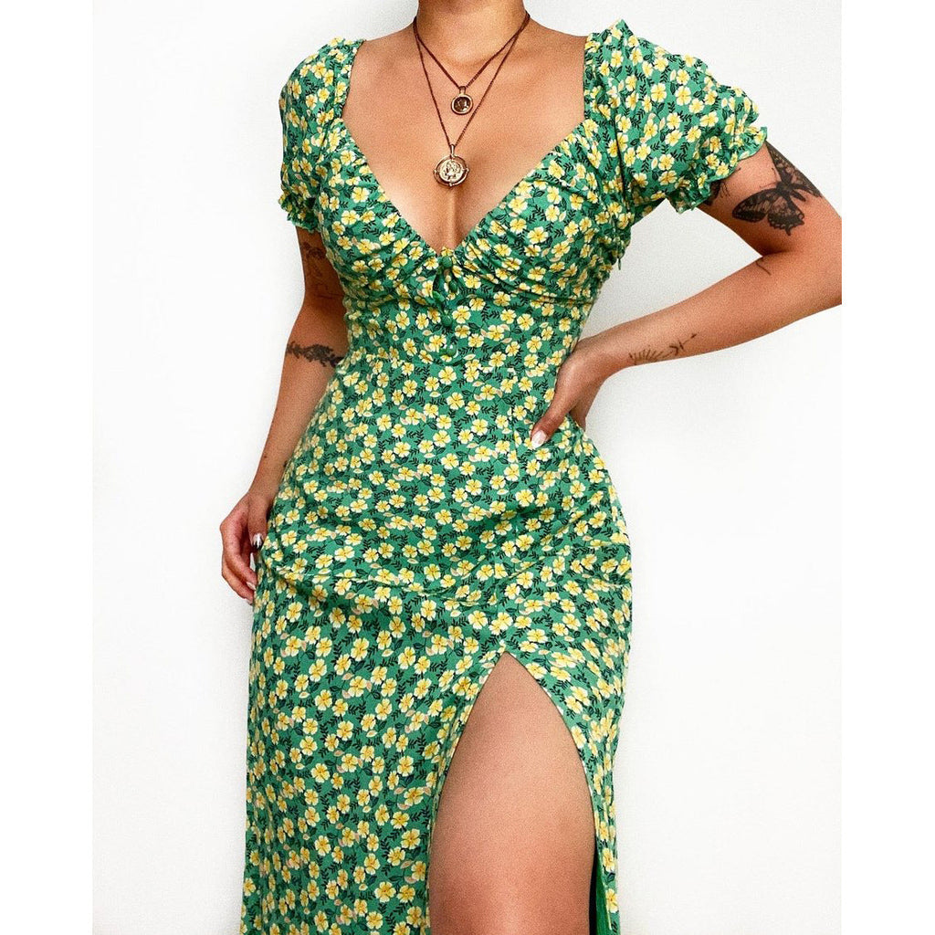 Floral Floral Print Fresh Sweet V - neck Mid - Length Dress