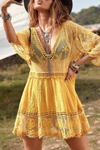 Lace V Neck Hollow Short Sleeved Cover Up