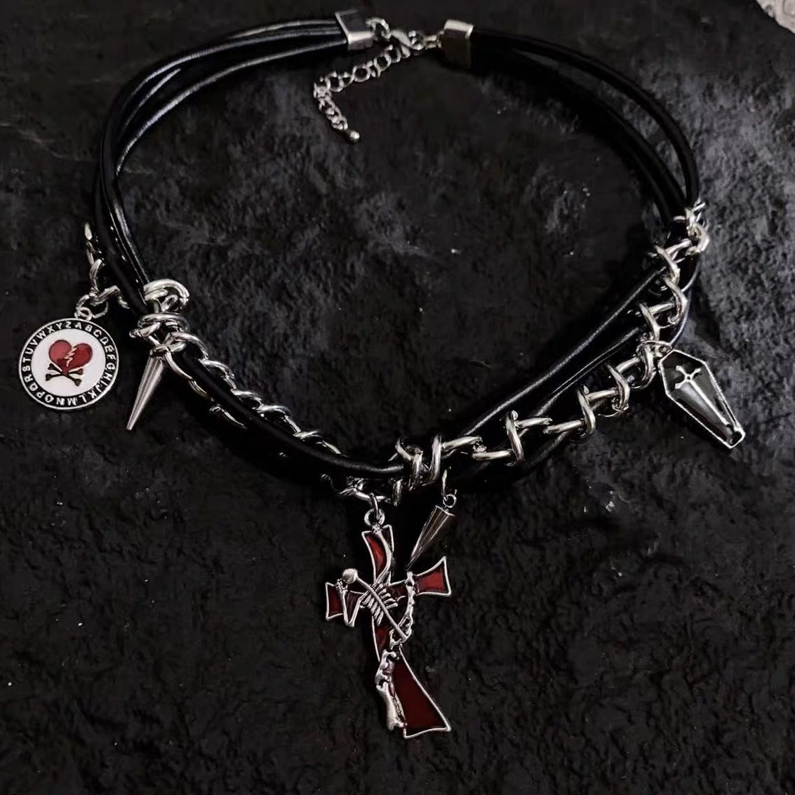 Hiphop Dark Cross Rivet Triple Leather Chain Personality Necklace