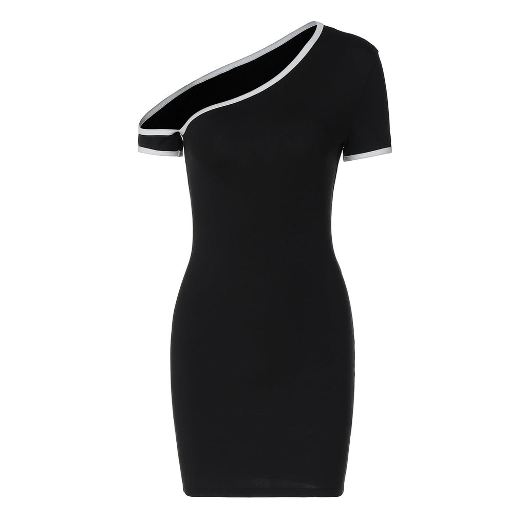 Color Contrast One Shoulder Cold Shoulder Slim Hip Dress