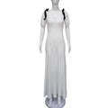 Elegant Deep V Plunge neck Low Cut Women Bubble Sleeve Bow Tie Dress Slim High Waist Draped Dress