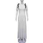 Elegant Deep V Plunge neck Low Cut Women Bubble Sleeve Bow Tie Dress Slim High Waist Draped Dress