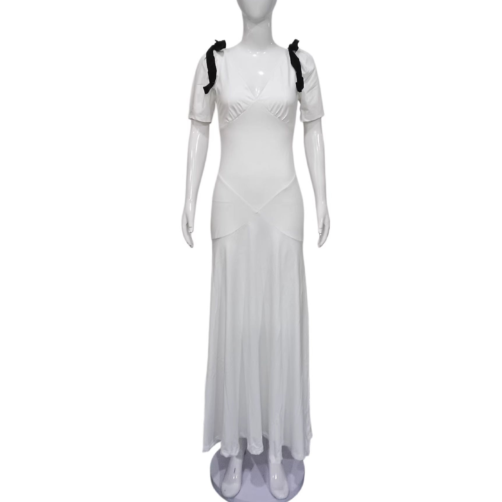 Elegant Deep V Plunge neck Low Cut Women Bubble Sleeve Bow Tie Dress Slim High Waist Draped Dress