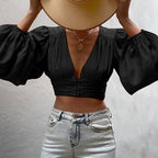 Autumn New Women Clothing Solid Color Sexy Long Sleeve Deep V Plunge Plunge Women Cropped Top