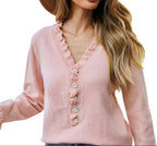 Contrast Ruffle Trim Button Sweater