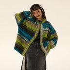 Oversized Fuzzy Striped Button-Up Cardigan