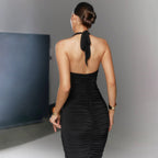 V neck Backless Lace up Slim Fit Pleated Dress