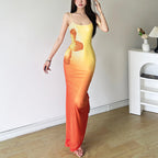 Gradient square neck backless contrast 2-way cami midi dress