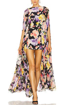 Garden Party Contrast Floral Print High Low Cape Maxi Dress