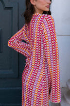 Eleanor Knit Colorful Wave Unique Print Shirt U-neck Long Sleeve Slit Maxi Dress