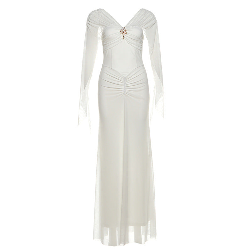 Autumn Winter Women Clothing Ladies Mesh Stitching off Shoulder Tight Waist Sheath Dress for Women