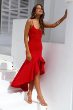 Sunlit Soiree Satin High Low Ruffle Maxi Dress Orange Red FINAL