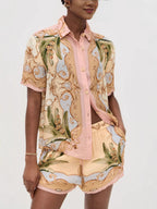 Royalty Unique Print Button Up Short Sleeve Shirt and Elastic Waist Pocketed Loose Shorts Set