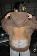 Fashionable Shiny Mesh Hollow Back Loose Long-sleeved Hooded Sweatshirt