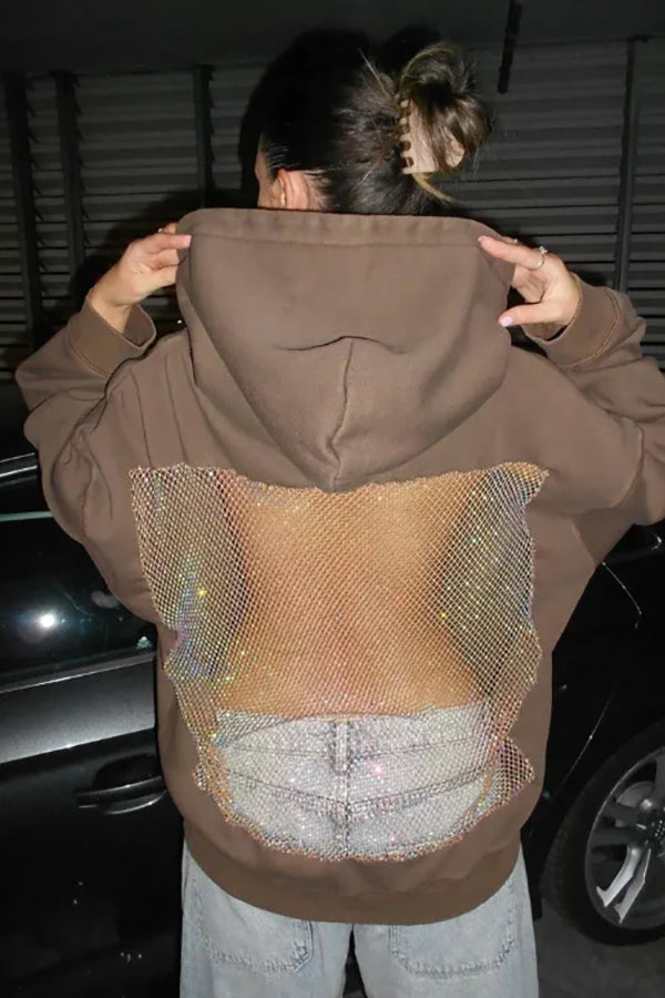 Fashionable Shiny Mesh Hollow Back Loose Long-sleeved Hooded Sweatshirt
