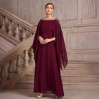 Solid Color Shawl Sleeve round Neck Belt Chiffon Elegant Cocktail Evening Dress