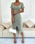 Kamila Button Down Ribbed Knit Midi Dress Oatmeal