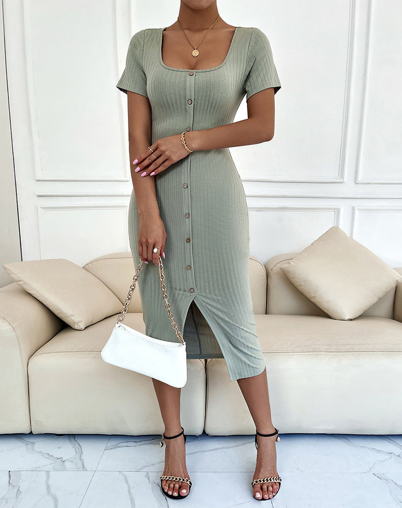Kamila Button Down Ribbed Knit Midi Dress Oatmeal