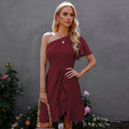 Kaine Satin One Shoulder Ruffle Dress Red FINAL