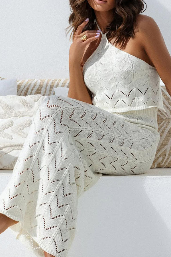 Solid Knit Hollow Halter Top and Stretch Fit Maxi Skirt Set