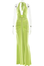 Solid Color Elegant Halterneck V-neck Open Back Tie Gathered Maxi Dress